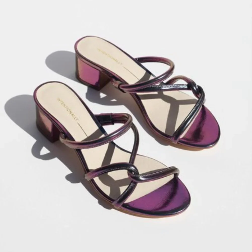Intentionally Blank Purple Holographic Open Toe Willow Sandal Heels - Picture 2 of 7